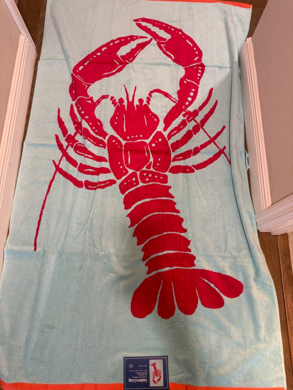 Southern Living Red Lobster Print on Light Blue Oversized Beach Towel 40x70